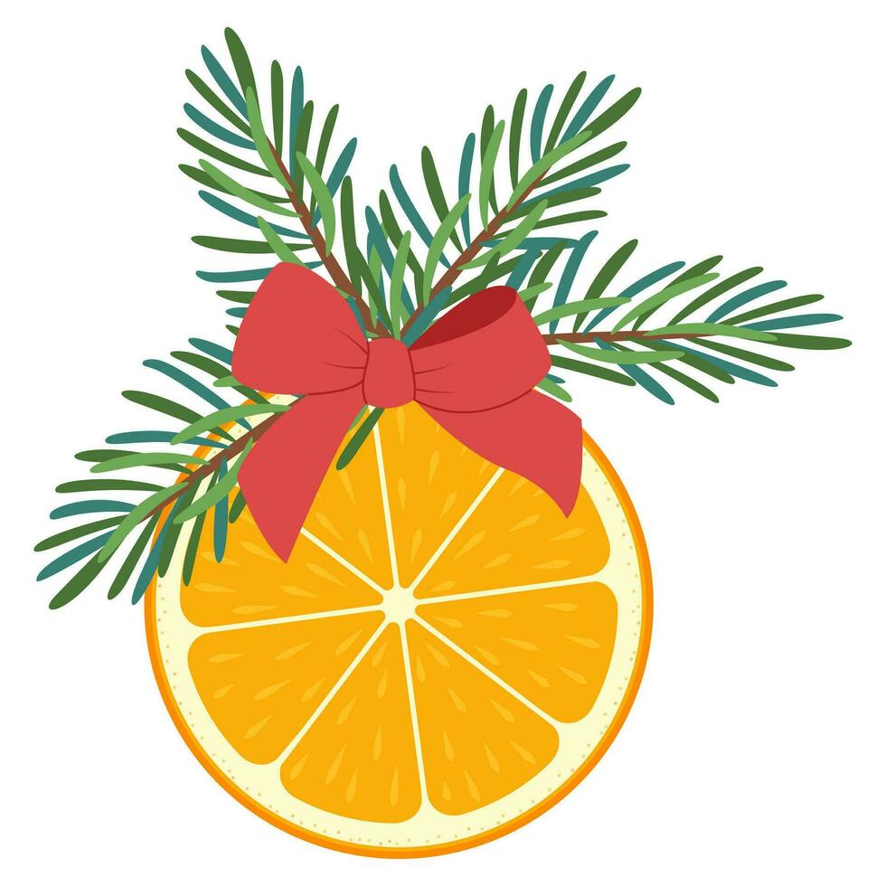 Christmas decor of orange slice, red bow and pine needles. vector