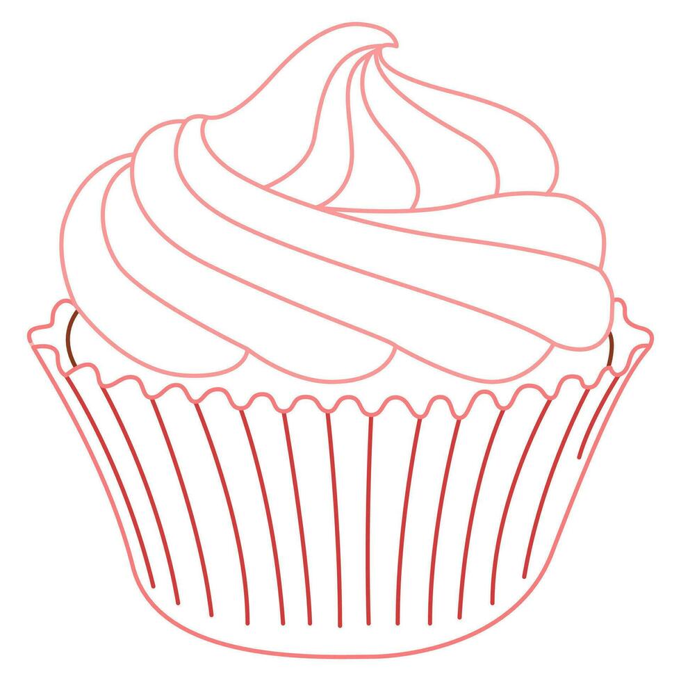 Pink cupcake with cream line art drawing. Cute dessert sweets food. vector