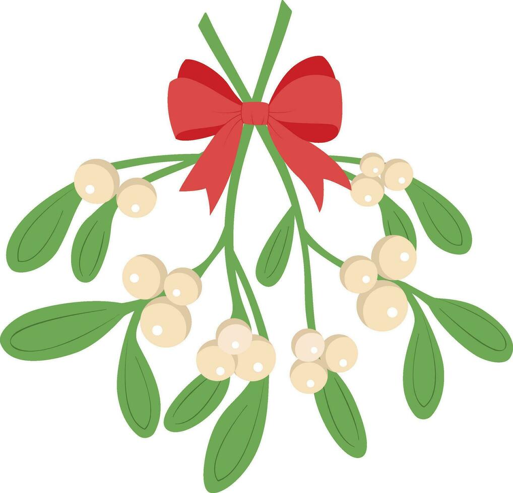 Branch of mistletoe with berries and red bow. A bouquet of Christmas. vector