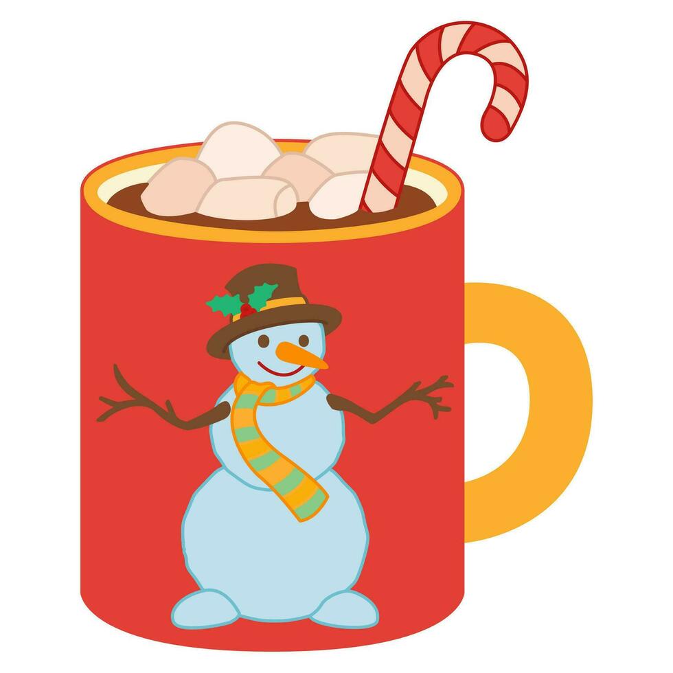 Cute holiday mug with snowman. Hot chocolate with marshmallows and Lollipop. vector