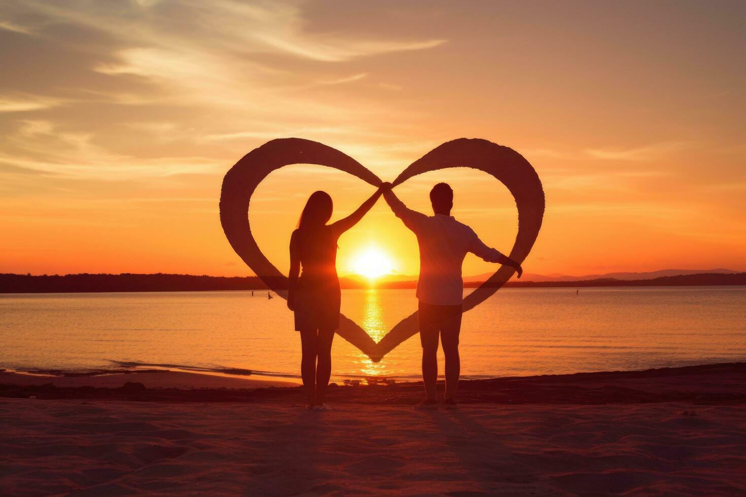 AI generated Silhouette of couple holding heart shape on the beach at sunset, A couple forming a heart shape with their hands at sunset, AI Generated photo