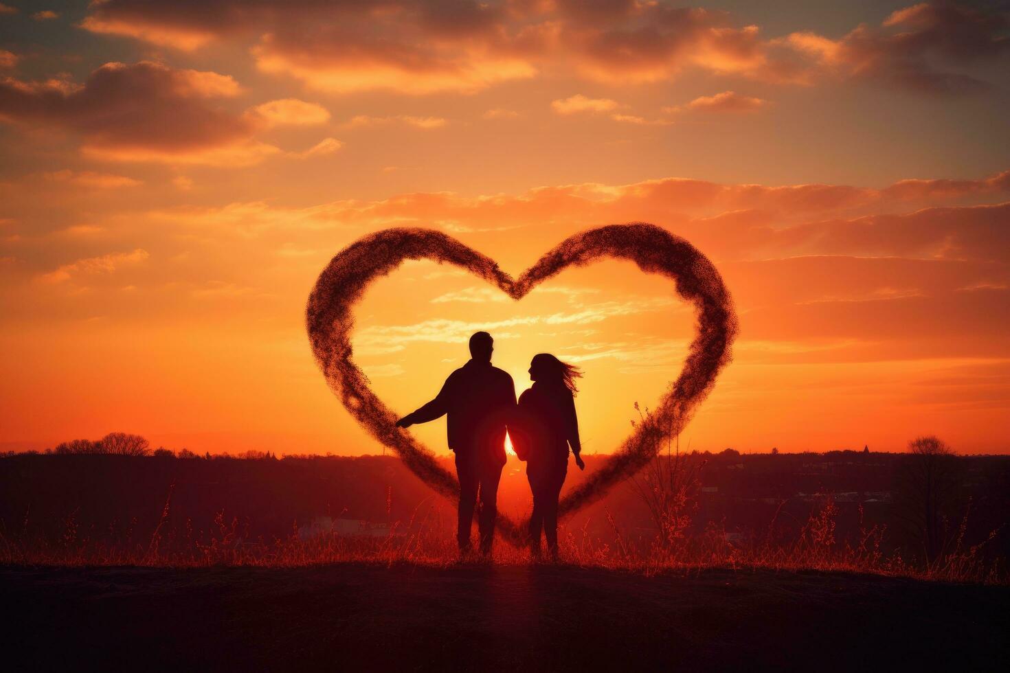 ai generado silueta de un amoroso Pareja participación manos en el forma de un corazón en contra el antecedentes de el ajuste sol, un Pareja formando un corazón forma con su manos a atardecer, ai generado foto