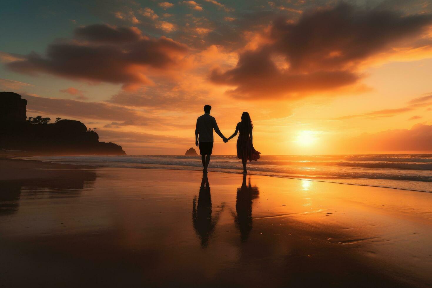 AI generated Couple walking on the beach at sunset, holding hands and looking at each other, A couple holding hands, walking along a sandy beach during sunrise, AI Generated photo
