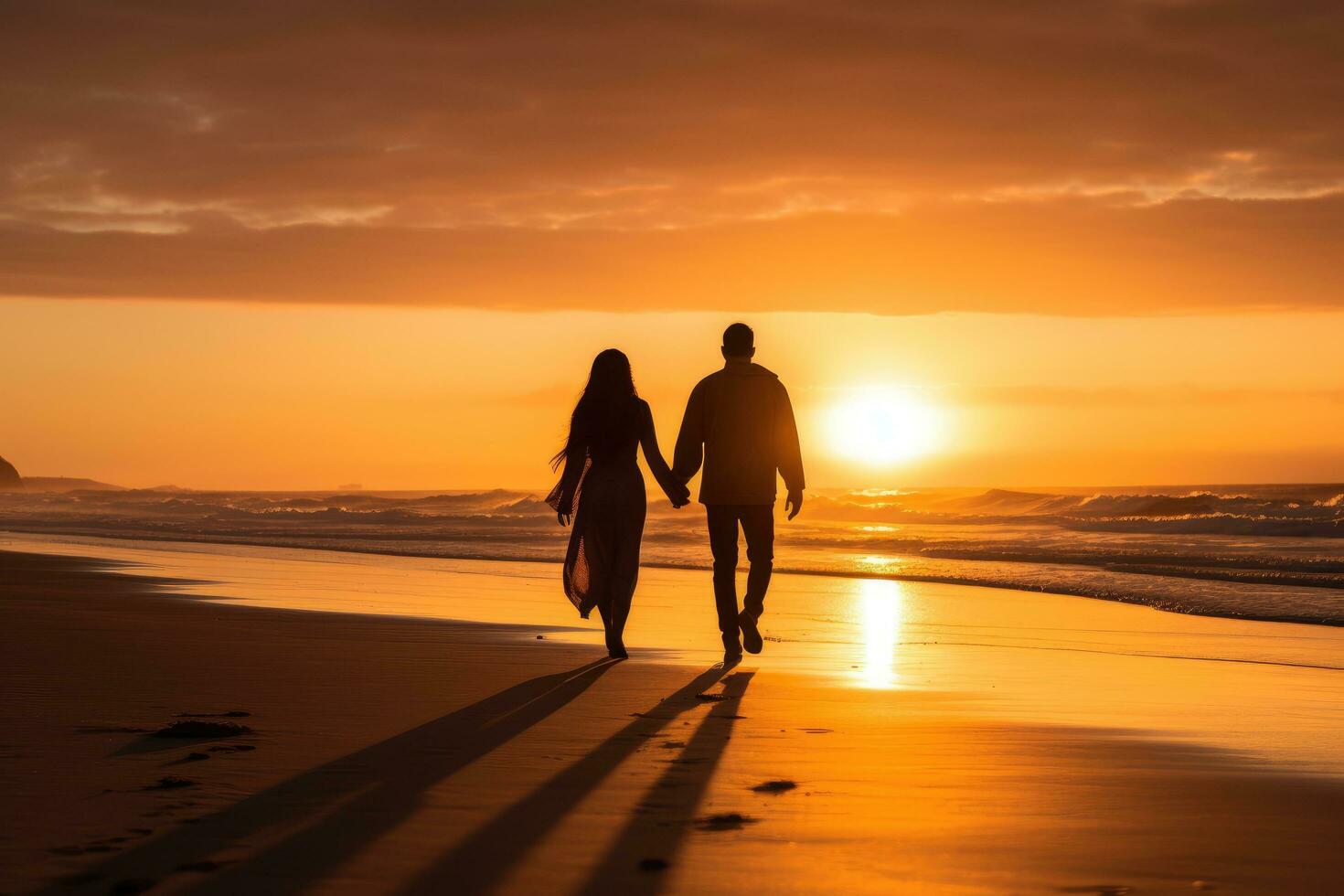 AI generated Silhouette of young couple holding hands and walking on the beach at sunset, A couple holding hands, walking along a sandy beach during sunrise, AI Generated photo