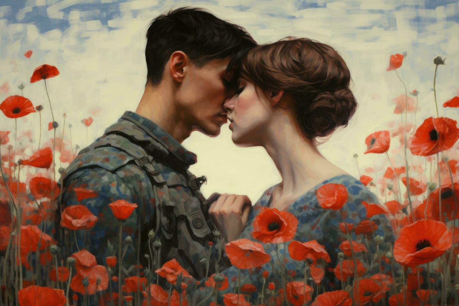 AI generated young couple in love on a field of red poppies, retro style, A couple in a poppy field, lost in each other's gaze, AI Generated photo
