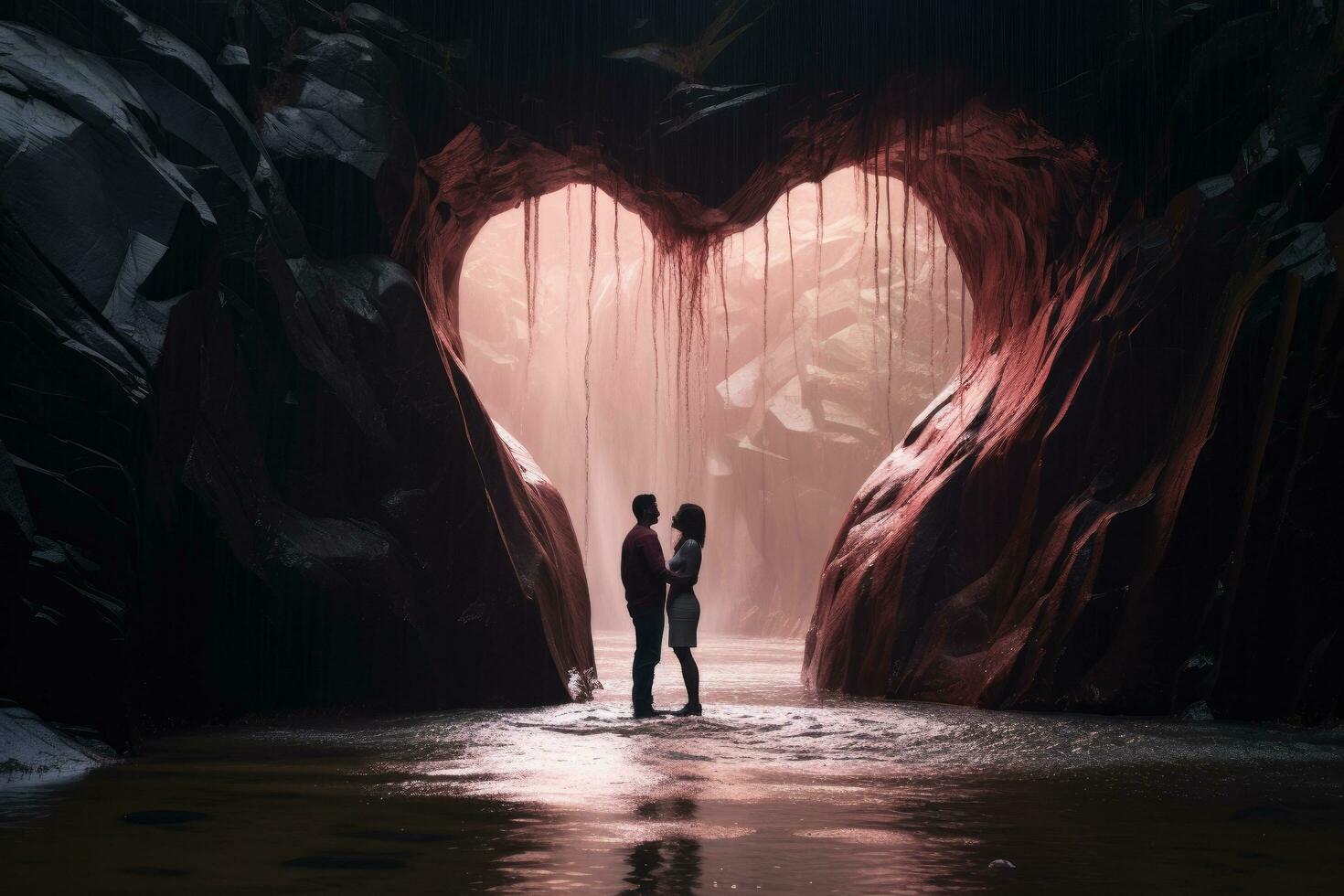 AI generated couple in love in a cave with red light in the middle, A couple holding hands, walking along a sandy beach during sunrise, AI Generated photo