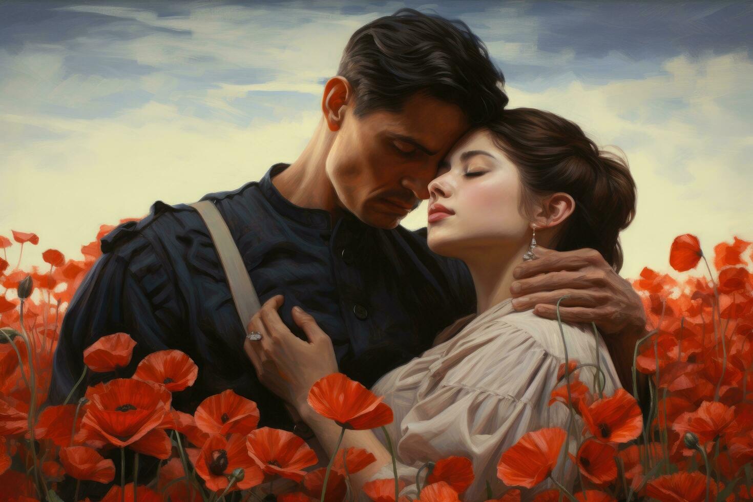 AI generated Young couple in love hugging in a field of red poppies, A couple in a poppy field, lost in each other's gaze, AI Generated photo