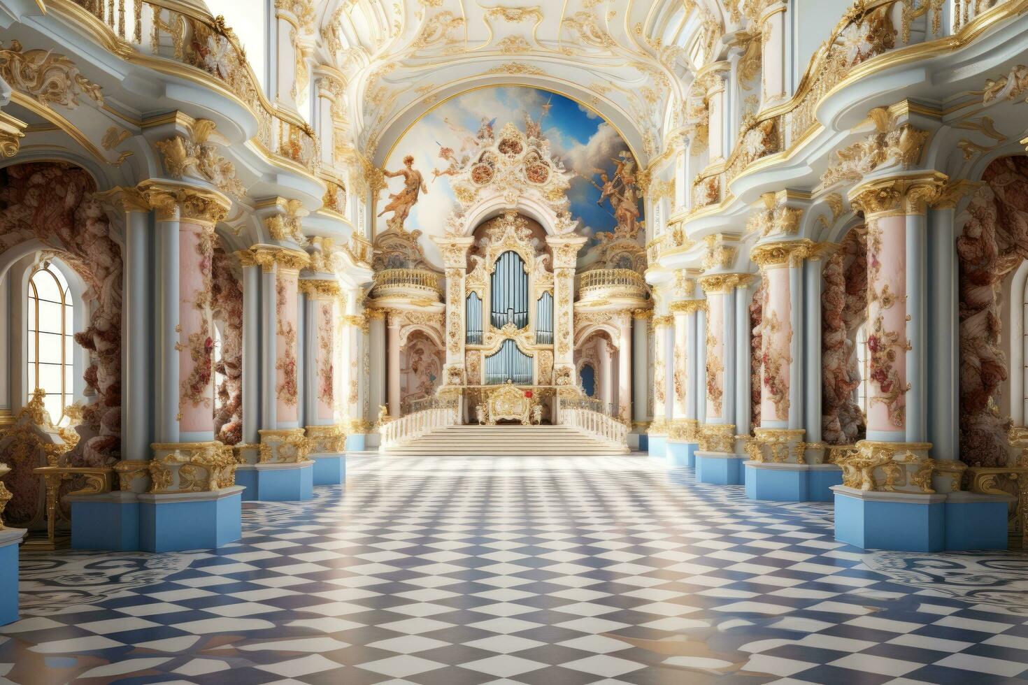 AI generated Interior of the royal palace in the style of Baroque, A colorful baroque palace with a bustling court, AI Generated photo