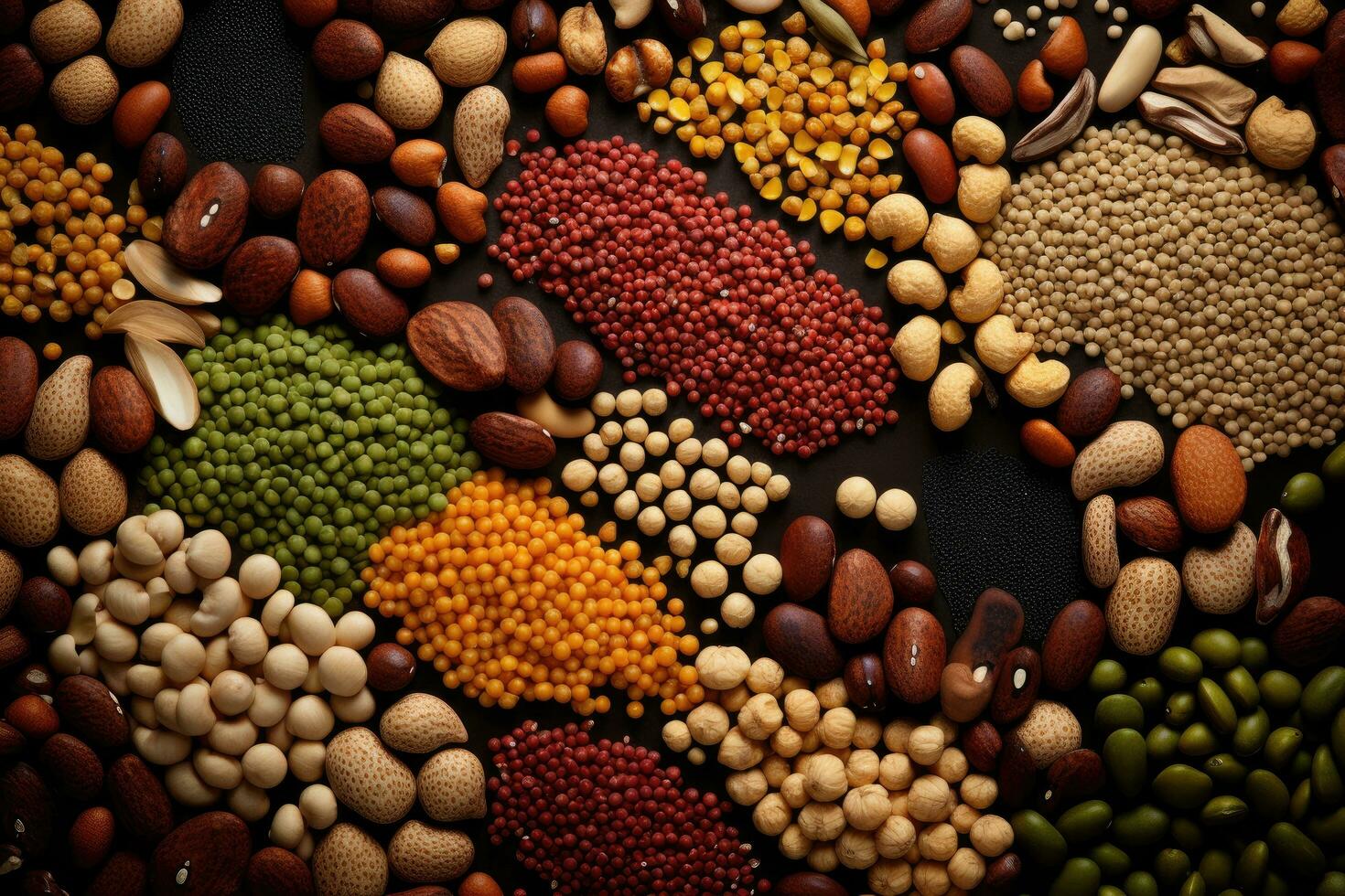 AI generated Variety of grains and legumes as a background, top view, A collage made of various organic grains and legumes, AI Generated photo