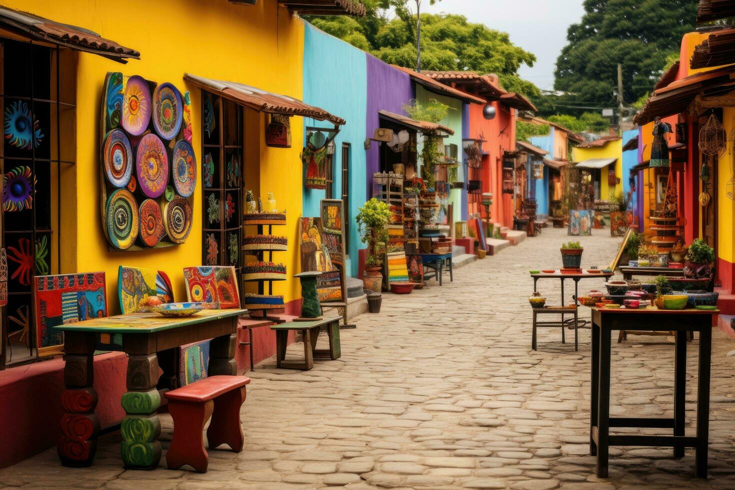 AI generated Colorful ceramic pottery shop in Chiang Mai, Thailand, A colorful artisan marketplace in a South American town, AI Generated photo