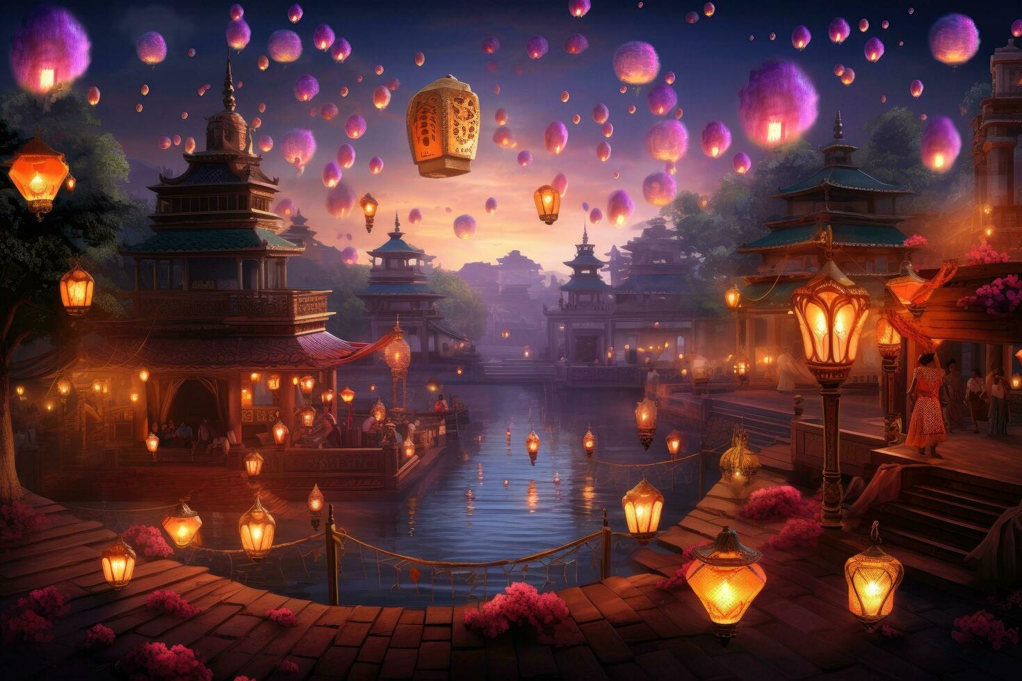 AI generated Lanterns and temple in the night,3d rendering, A colorful Diwali scene, with lanterns and fireworks, AI Generated photo