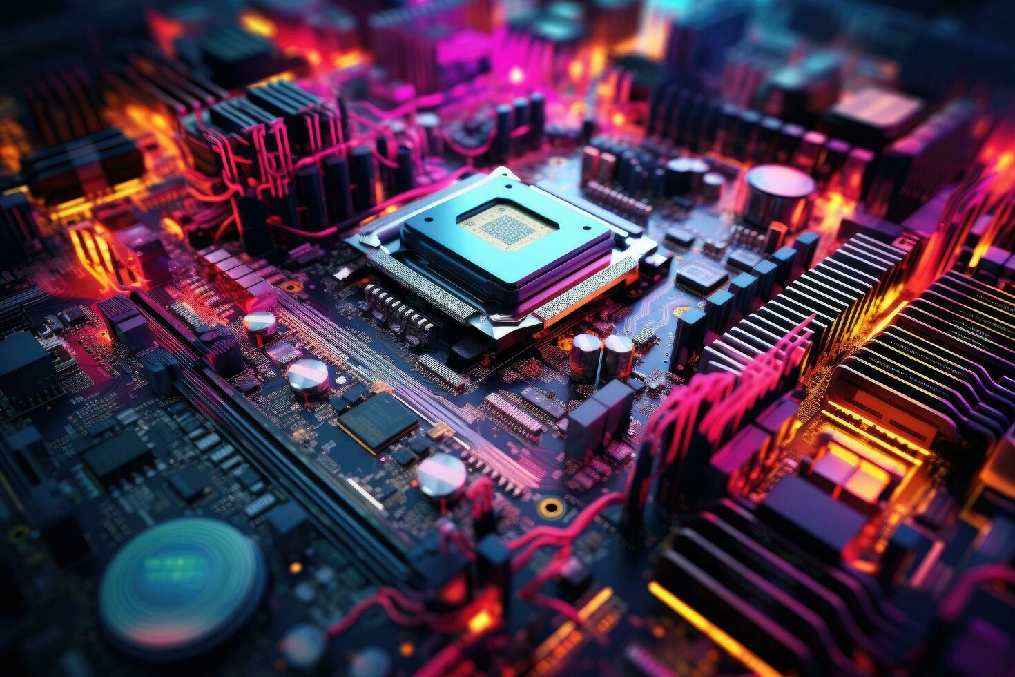 AI generated Close-up of electronic circuit board with processor. 3d rendering, A computer motherboard with bright, colorful connections, AI Generated photo