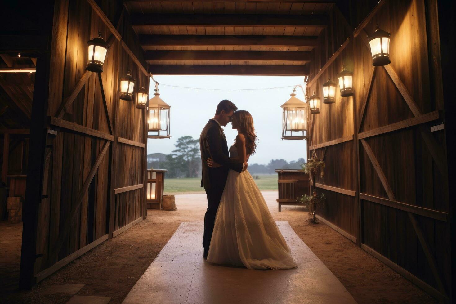 AI generated Wedding couple in the barn at sunset. Bride and groom, A country wedding in a rustic barn, AI Generated photo