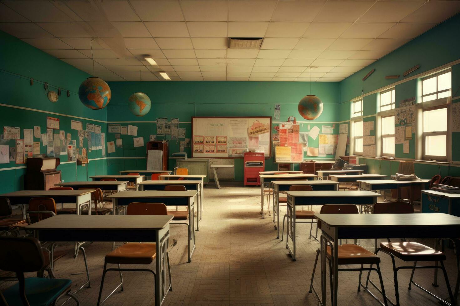 AI generated Interior of an empty school classroom with a lot of desks and chairs, A comparison of past and present classroom environments, AI Generated photo