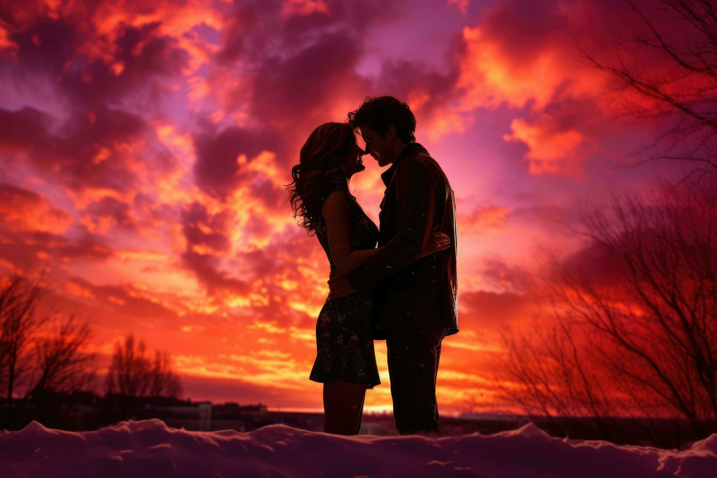 ai generado silueta de un amoroso Pareja en el invierno a atardecer, un Pareja abrazando en frente de un vibrante San Valentín día atardecer, ai generado foto