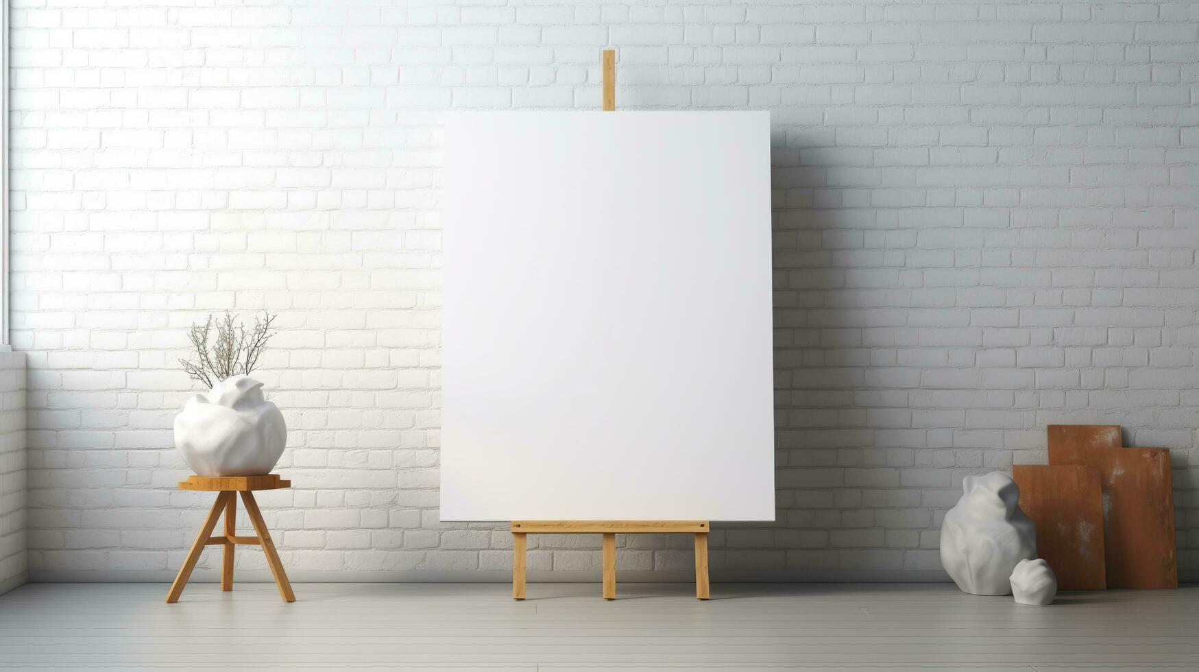 AI generated White canvas for mockup with blurred brick wall room interior photo