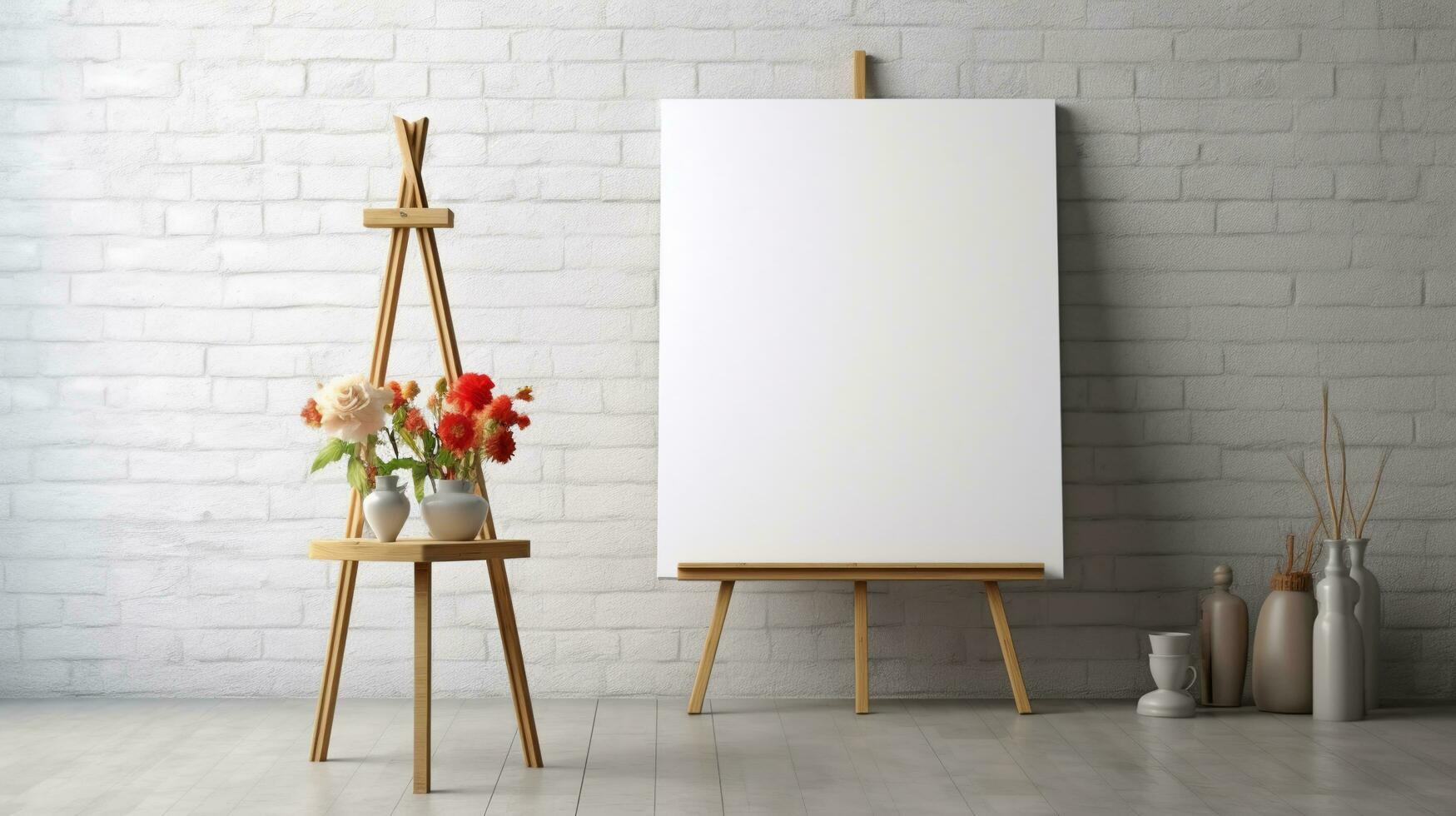 AI generated White canvas for mockup with blurred brick wall room interior photo