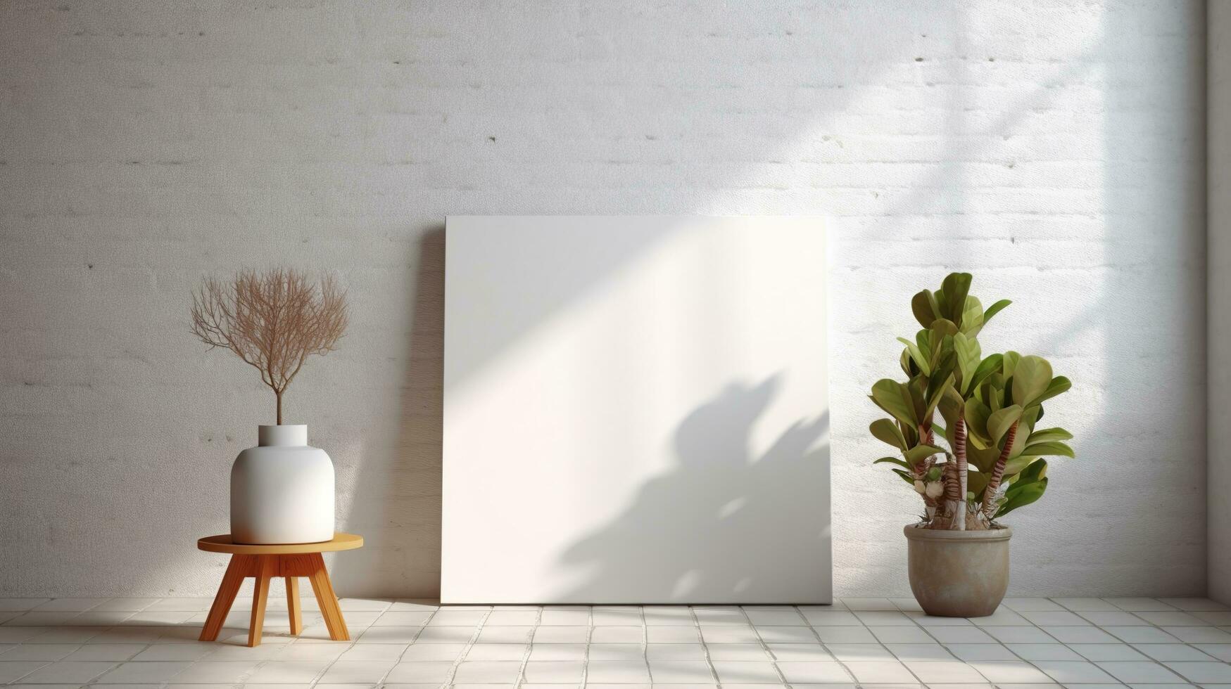 AI generated White canvas for mockup with blurred brick wall room interior photo