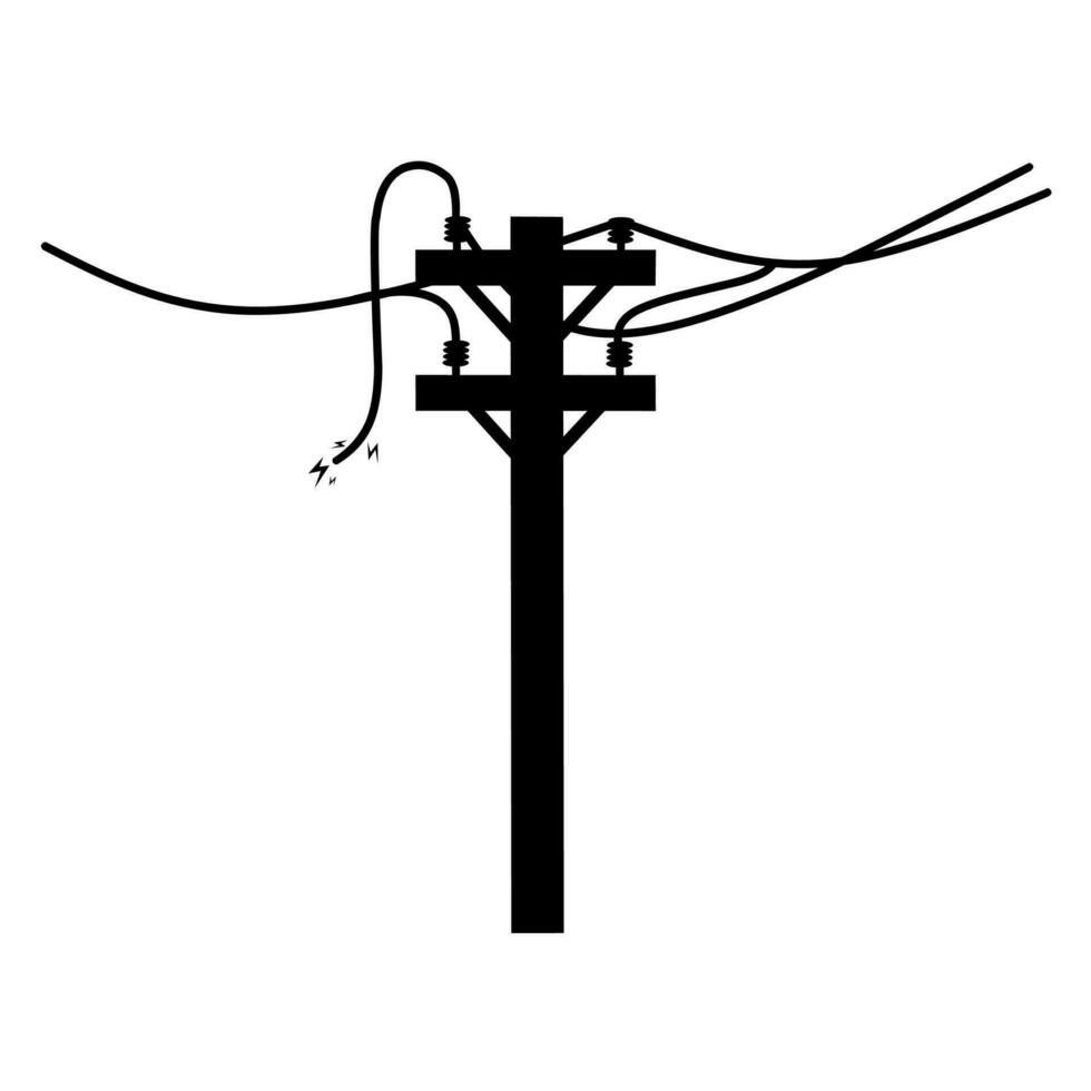 Vector silhouette of electric pole with broken wires. High voltage electricity with an electric current coming out. Dangerous channel.