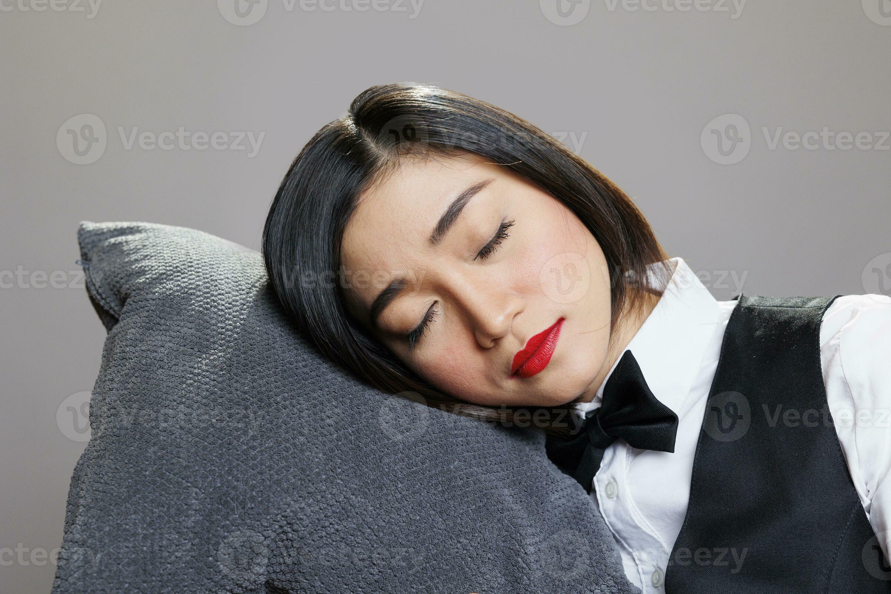 Premium Photo  Asian women using neck pillow and resting on office chair  isolated on white background