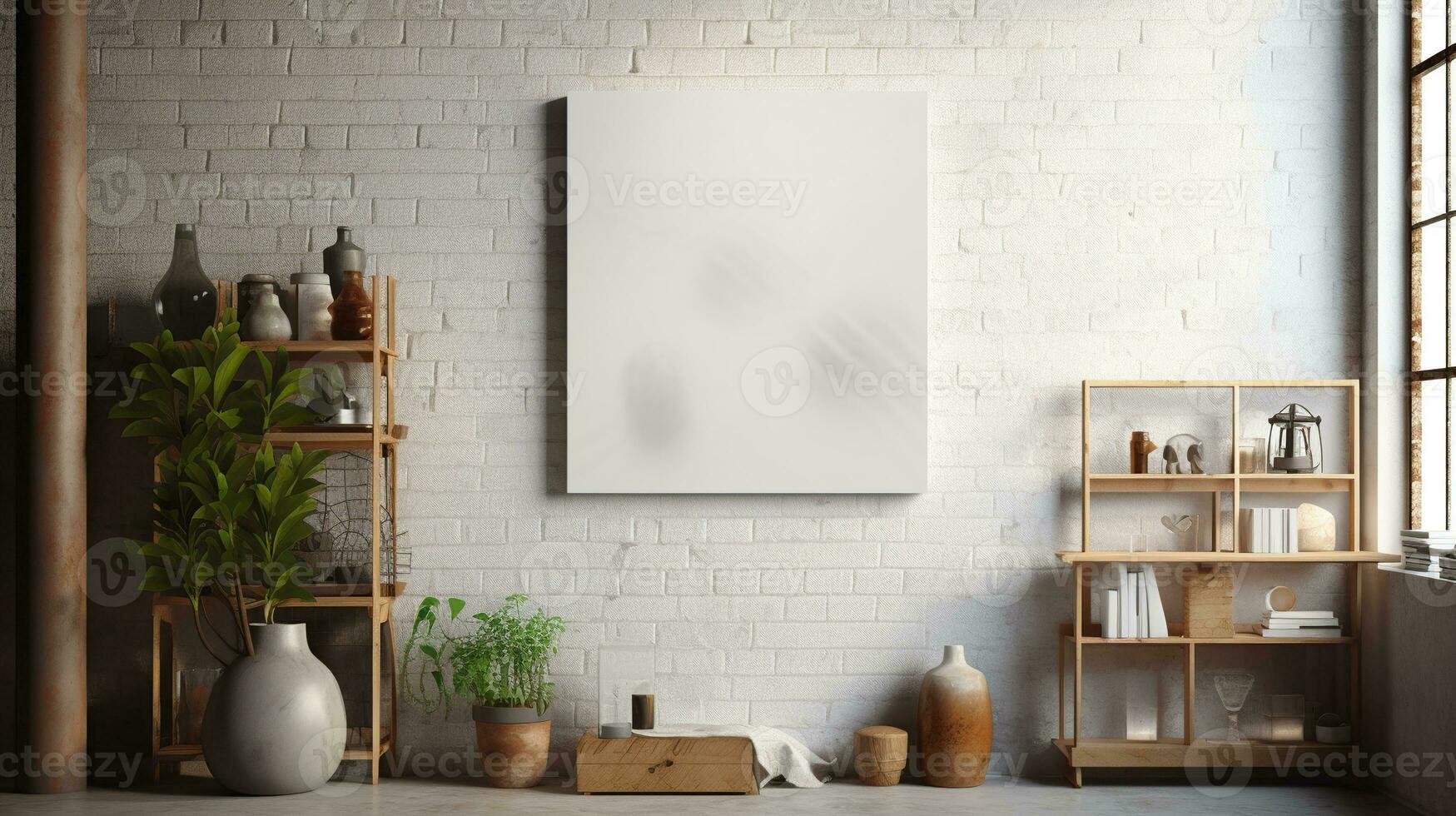 AI generated White canvas for mockup with blurred brick wall room interior photo