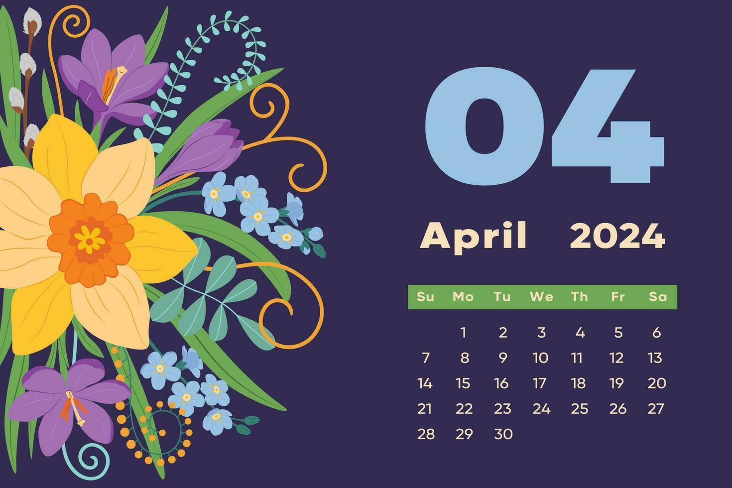 Floral April 2024 calendar template. With bright colorful flowers and leaves. vector