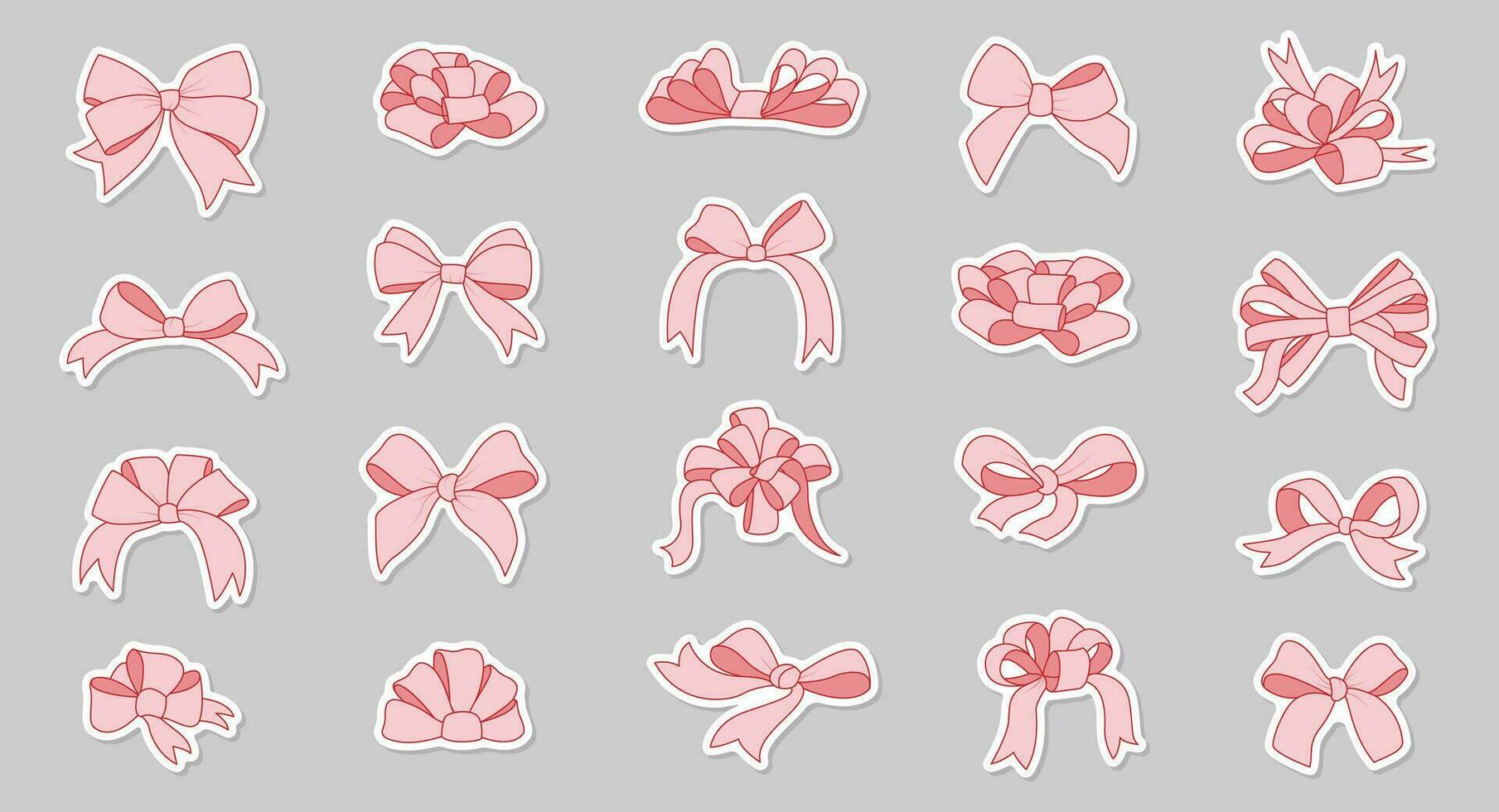 Simple hand drawn ribbon bow sticker collection. Bowknot for decoration, big set of bowtie. vector