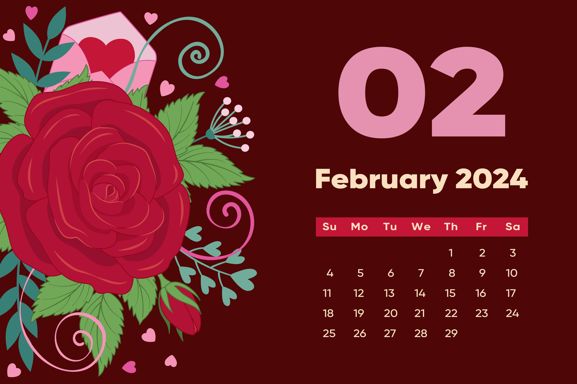 Floral 2024 calendar template. With bright colorful flowers and