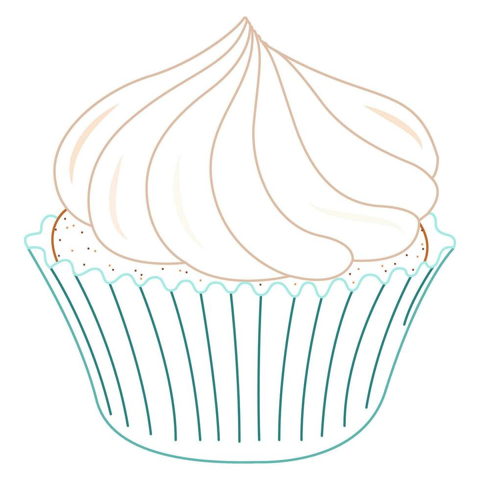 Cute dessert sweets food cupcake with cream line art drawing. vector