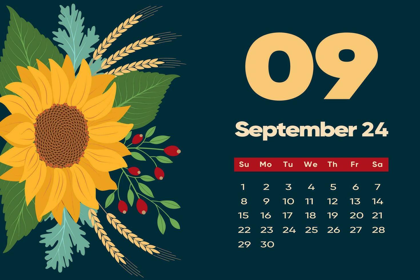 Floral September 2024 calendar template. With bright colorful flowers. vector