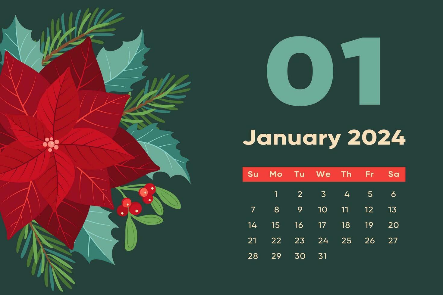 Floral January 2024 calendar template. vector
