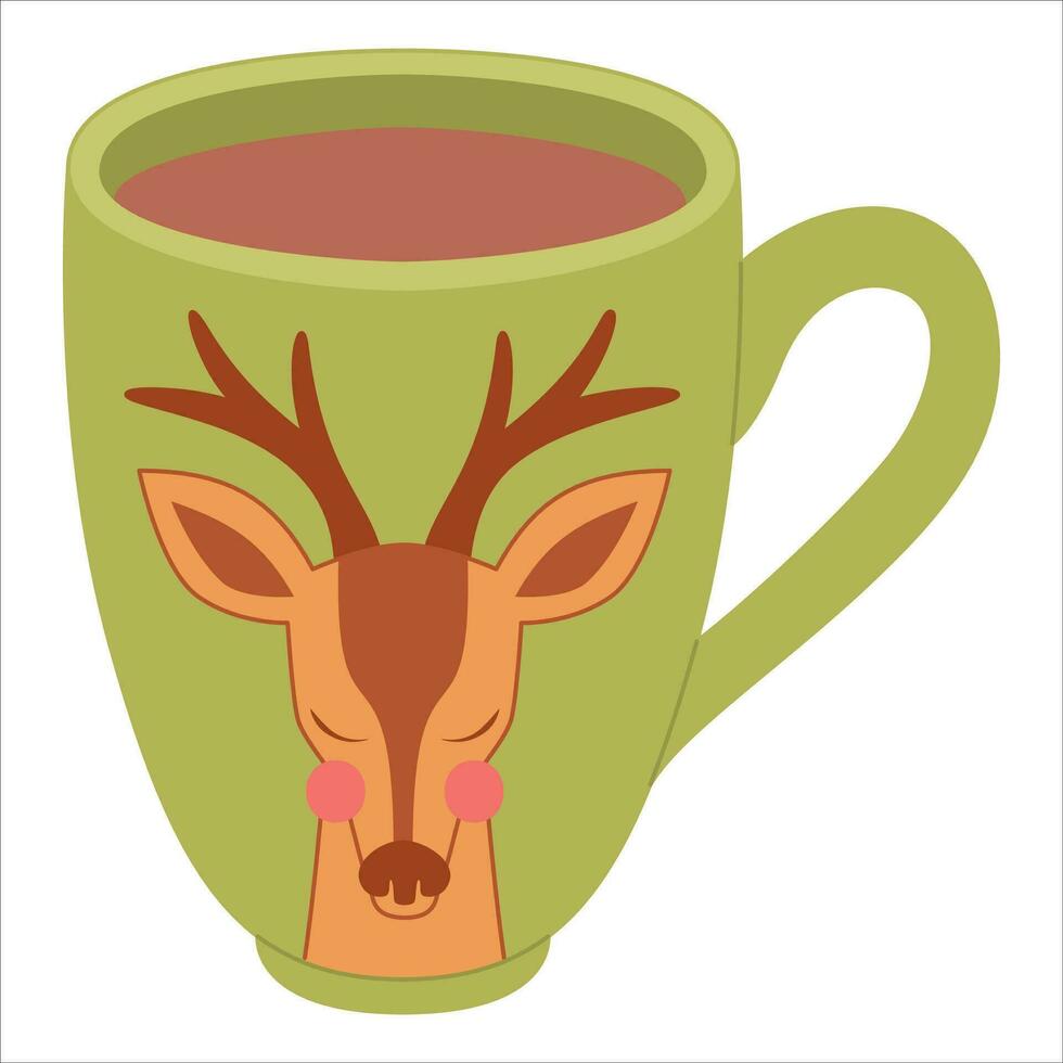Christmas deer in mug isolated on white background. green mug. vector