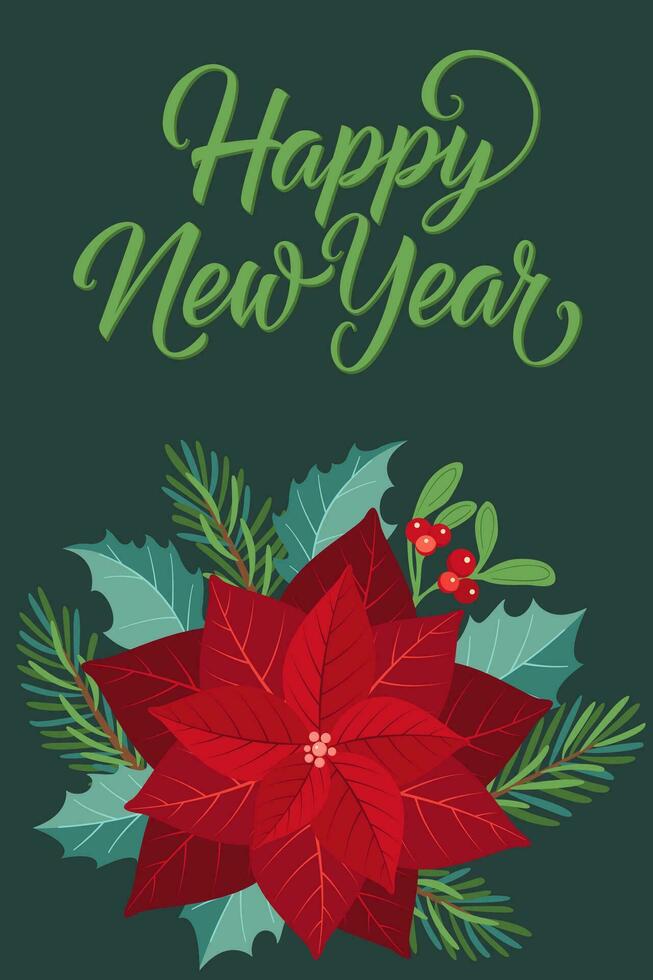 New Year greeting card with fir tree, poinsettia and holly berry. vector