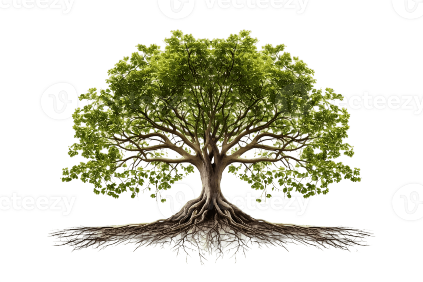 ai generado árbol con elaborar raíz sistema, aislado en transparente antecedentes. ai png