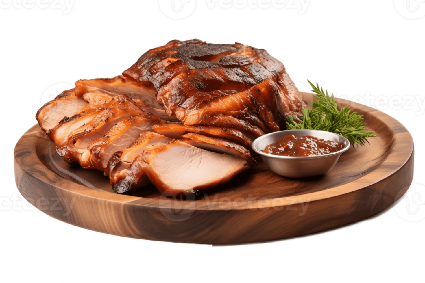 AI generated Smoked Turkey on a Wooden Plate Isolated on Transparent Background. AI png