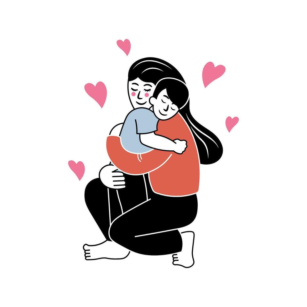 Mother hugging child vector illustration art doodle style