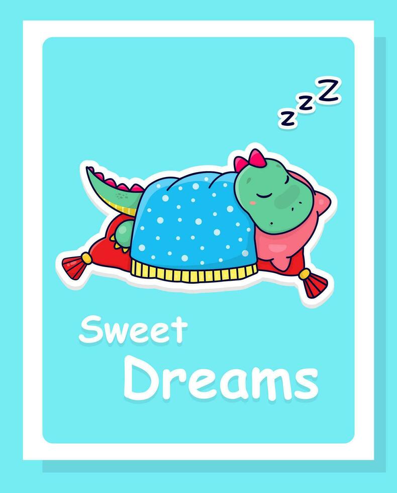 un linda dibujos animados dinosaurio duerme en un rosado pluma cama. para niños vector tarjeta