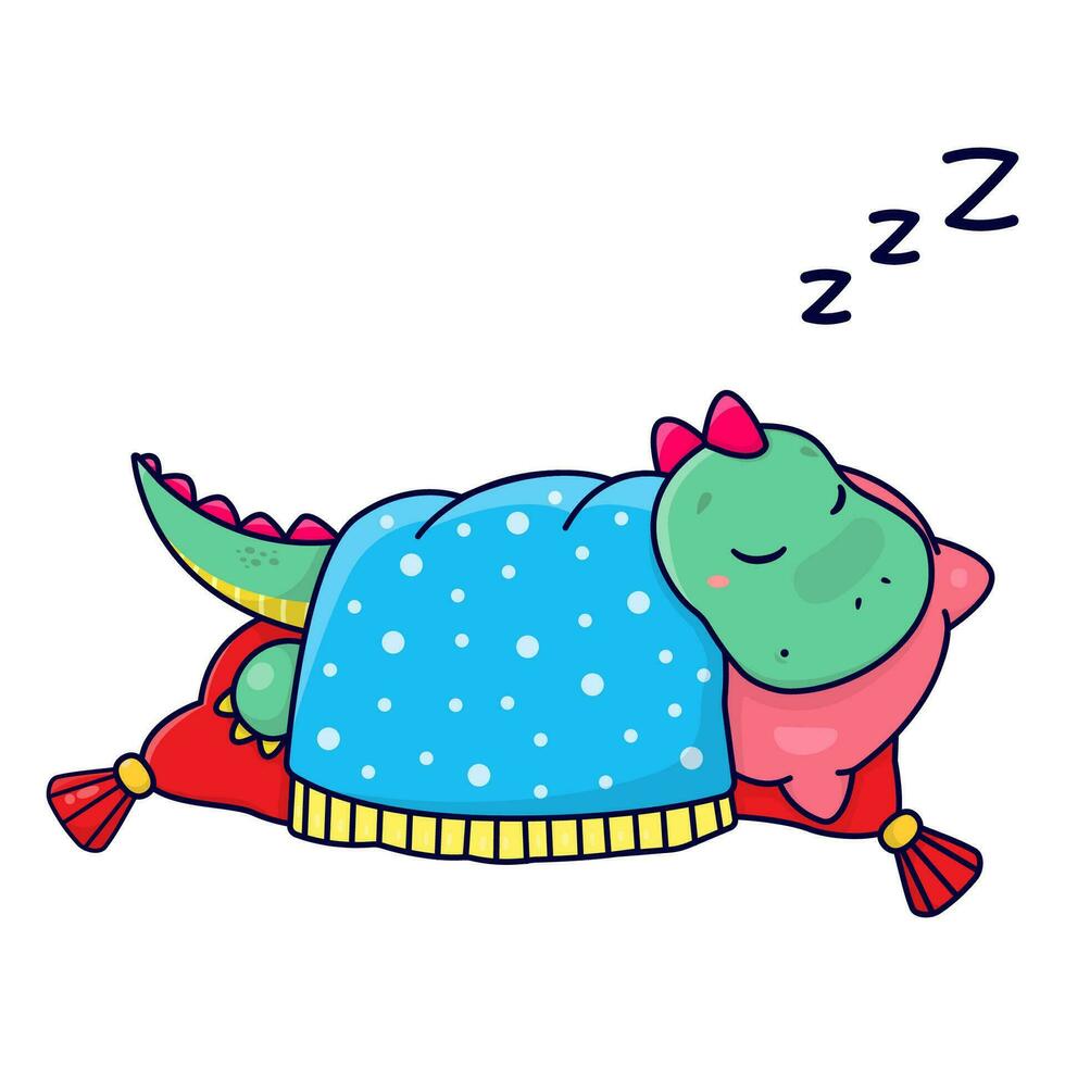A cute cartoon dinosaur sleeps on a pink feather bed. Childrens vector illustration