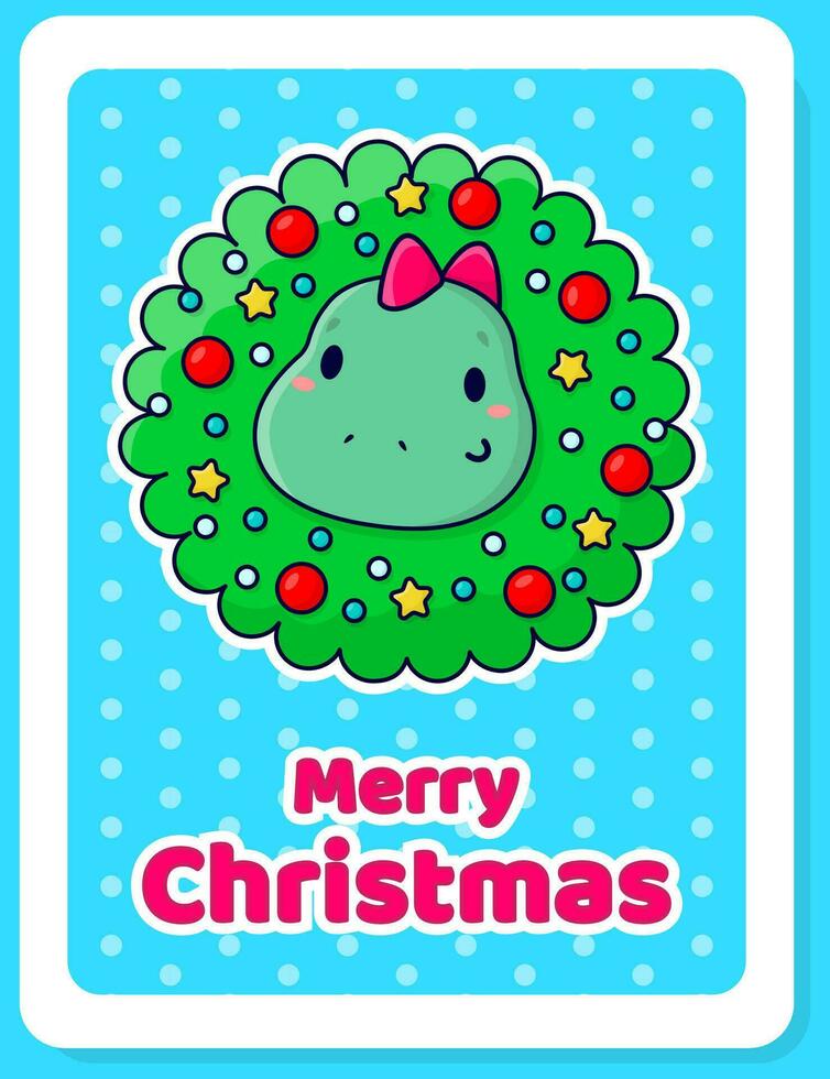 Cute cartoon dinosaur and Christmas wreath. Flat illustration. Vector postcard