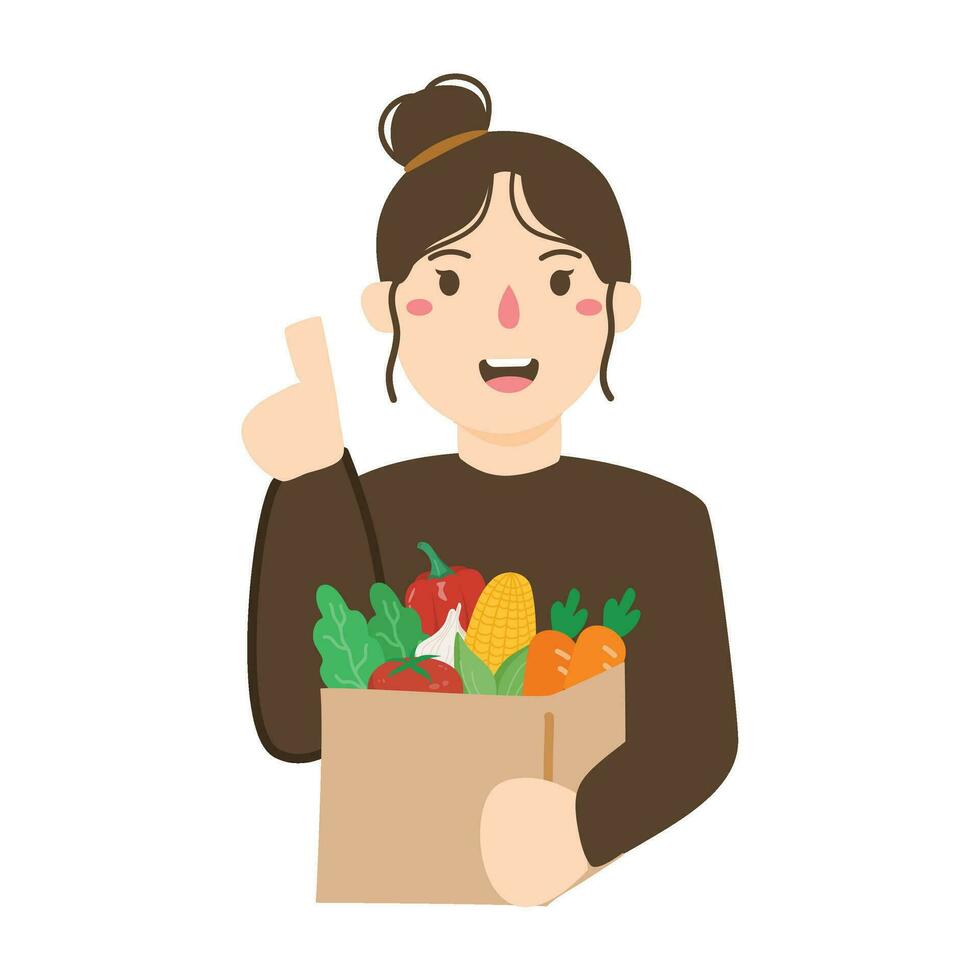 happy woman with grocery shopping vector