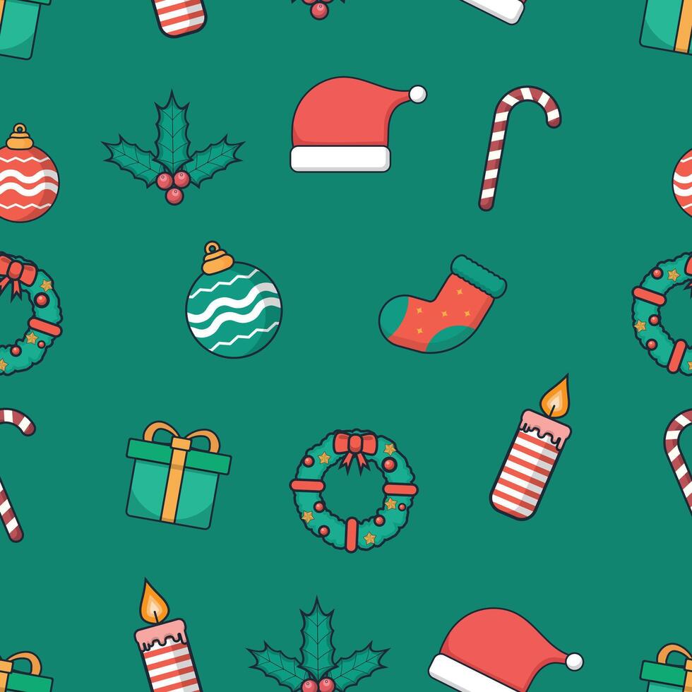 Christmas element seamless pattern on a green background. Vector design template. Happy New Year pattern. Season greeting.