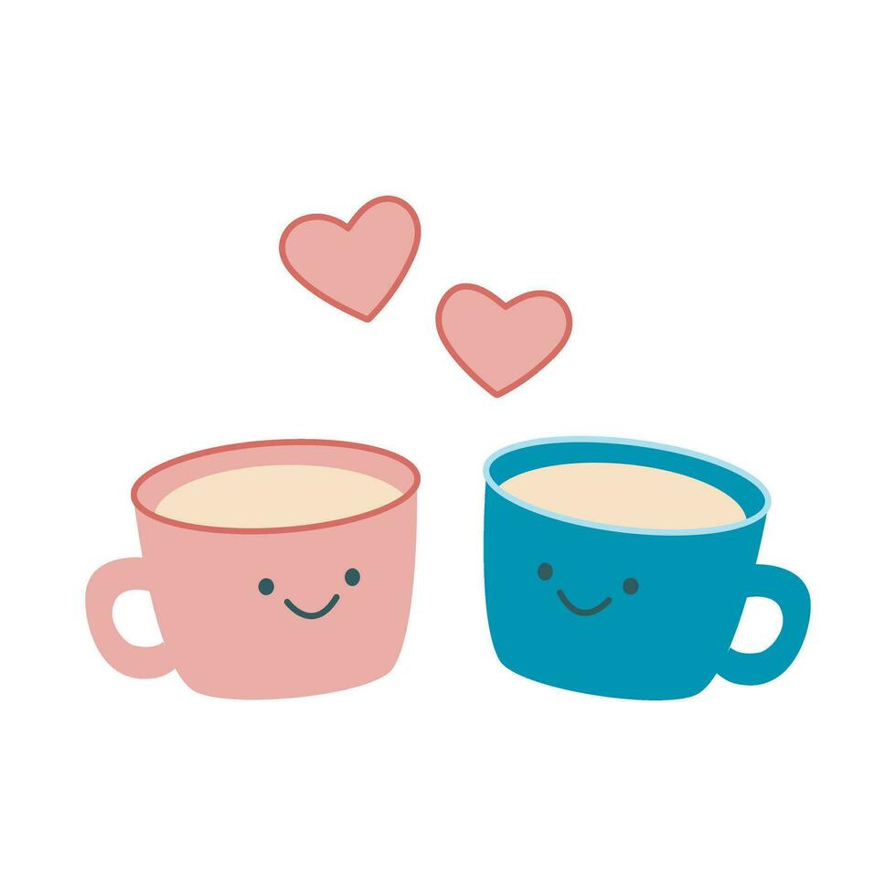 amantes tazas kawaii estilo vector ilustración