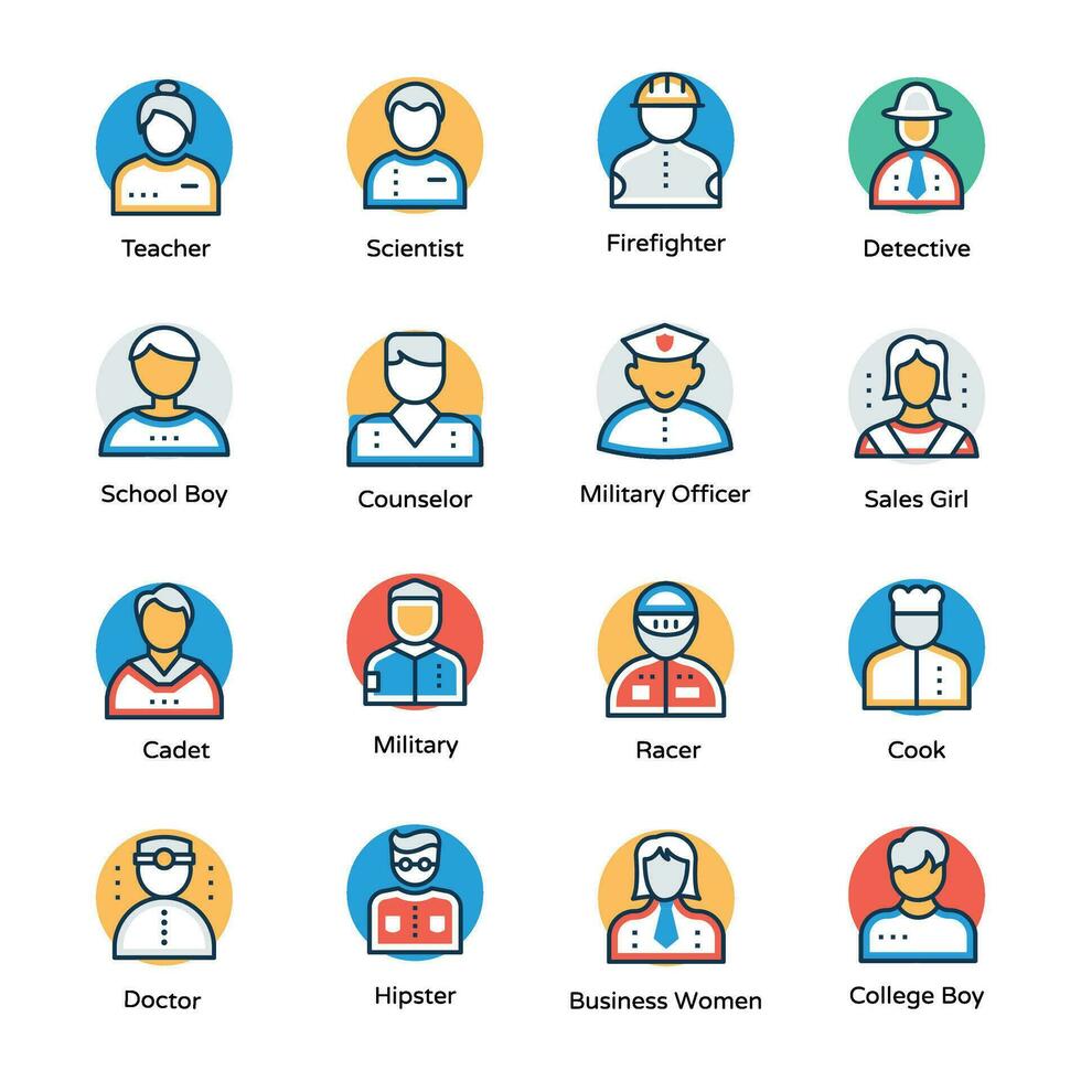 Professions and Hobbies Flat Vector Icons Set