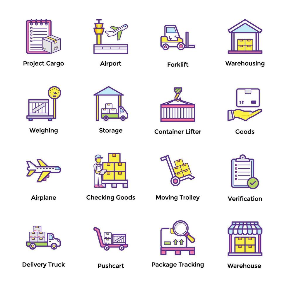 Pack of Logistic, Cargo and Warehouse Flat Icons vector