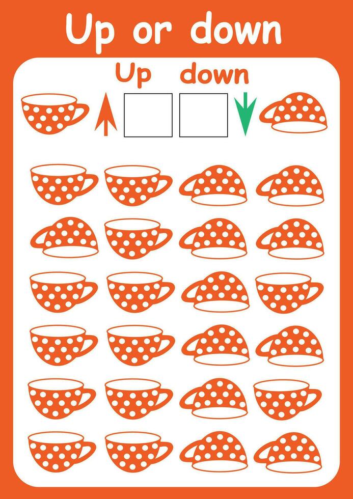 Up or down. Directions for children. Logic game. Spatial orientation. Study sheet. vector