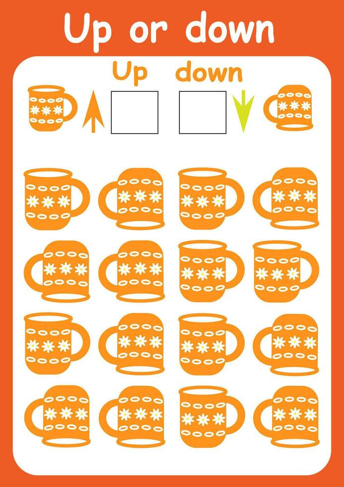 Up or down. Directions for children. Logic game. Spatial orientation. Study sheet. vector
