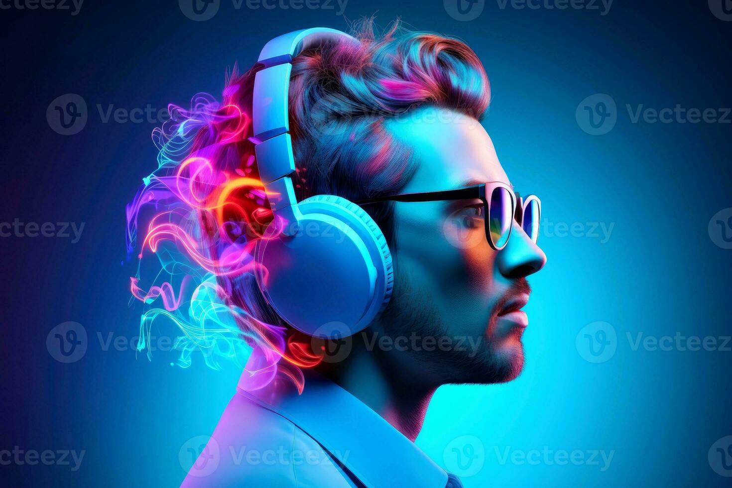 AI generated 3d minimal scene, mockup abstract human character, enjoy music concept, Generative AI photo