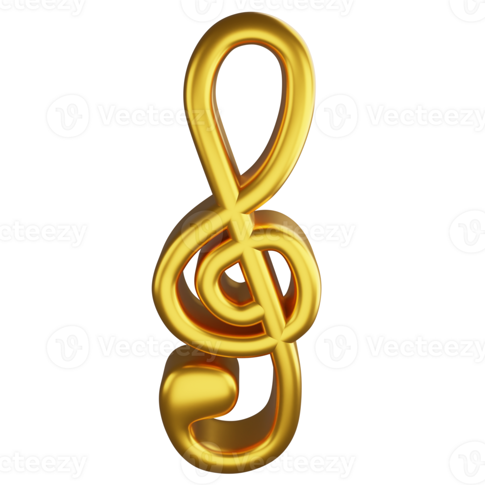 Treble clef or G clef note metallic gold clipart flat design icon isolated on transparent background, 3D render entertainment and music concept png