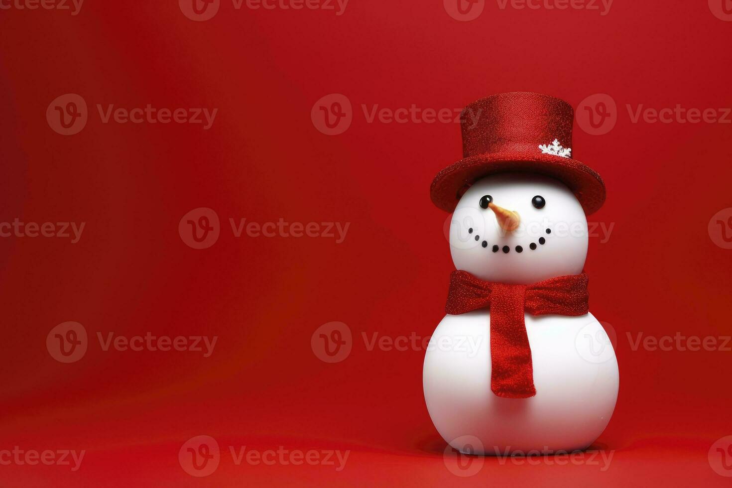 AI generated Snowman with hat and scarf on red background photo