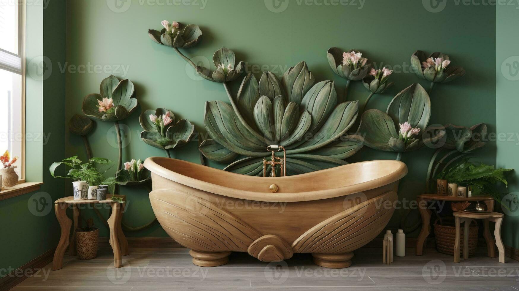 AI generated Wooden bathtub against a green wall with lotus flower decoration photo